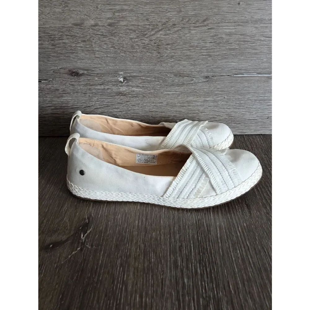UGG Ynez Ballet Flats Womens 7 US Slip On Sherpa Heel Canvas Shoes White 1092238